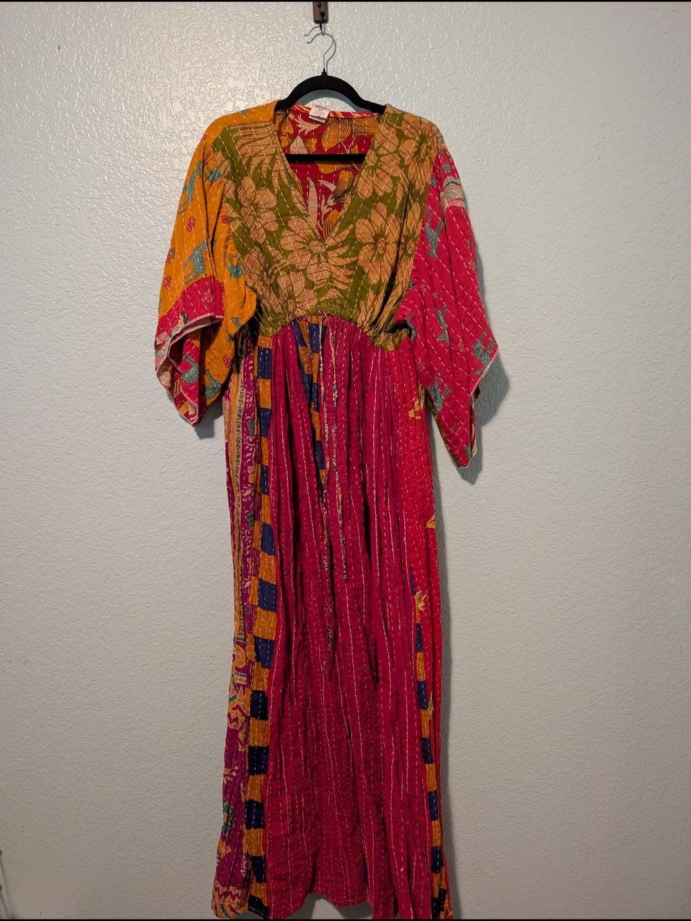 Bohemian Patchwork Maxi Dress in Pink, Mustard & Olive